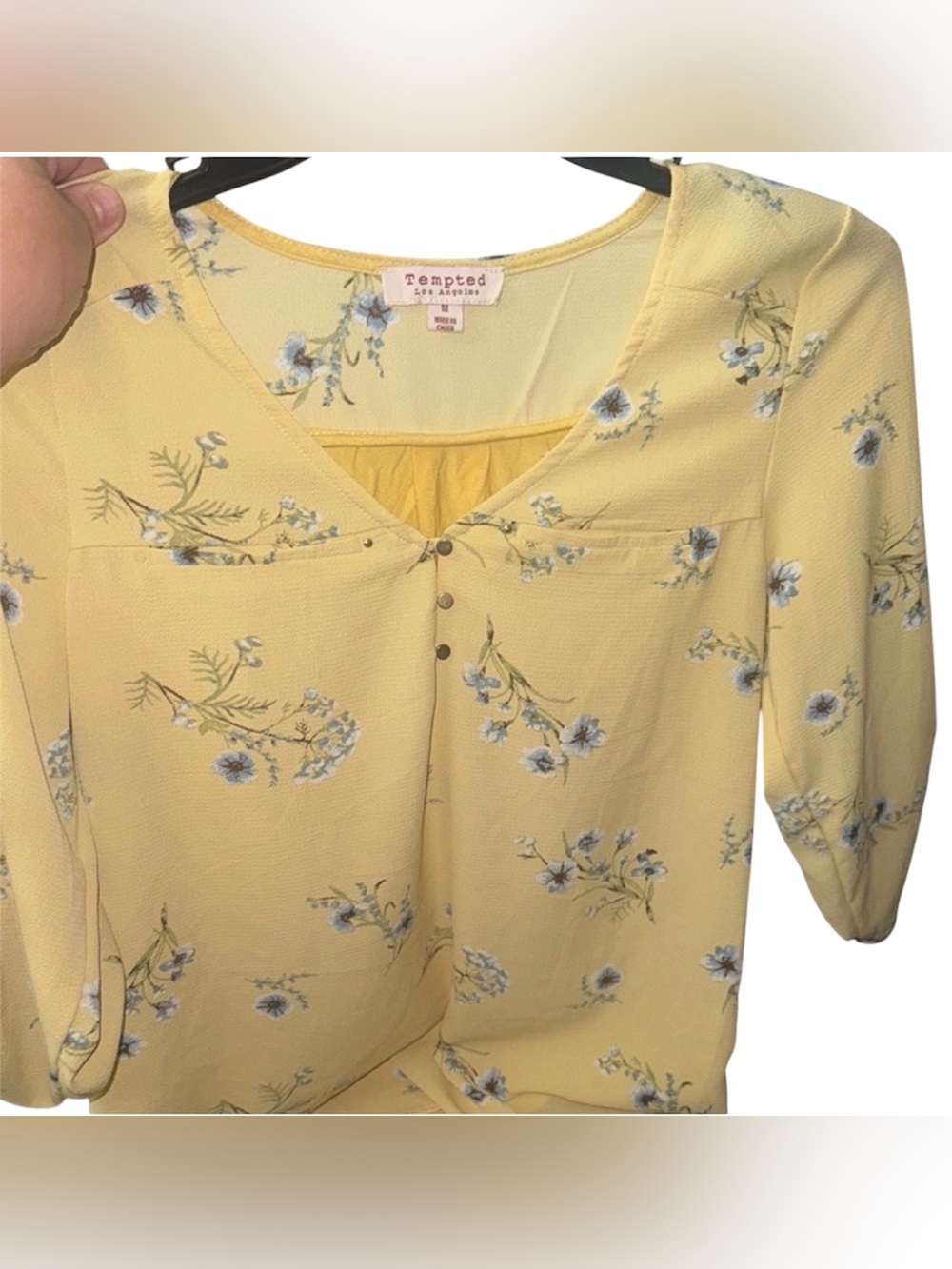 🩵Tempted Yellow and Blue Tie Front 3/4 Sleeve Blouse